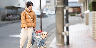 道を歩く鈴木さんと、角で立ち止まる盲導犬のデイズくん