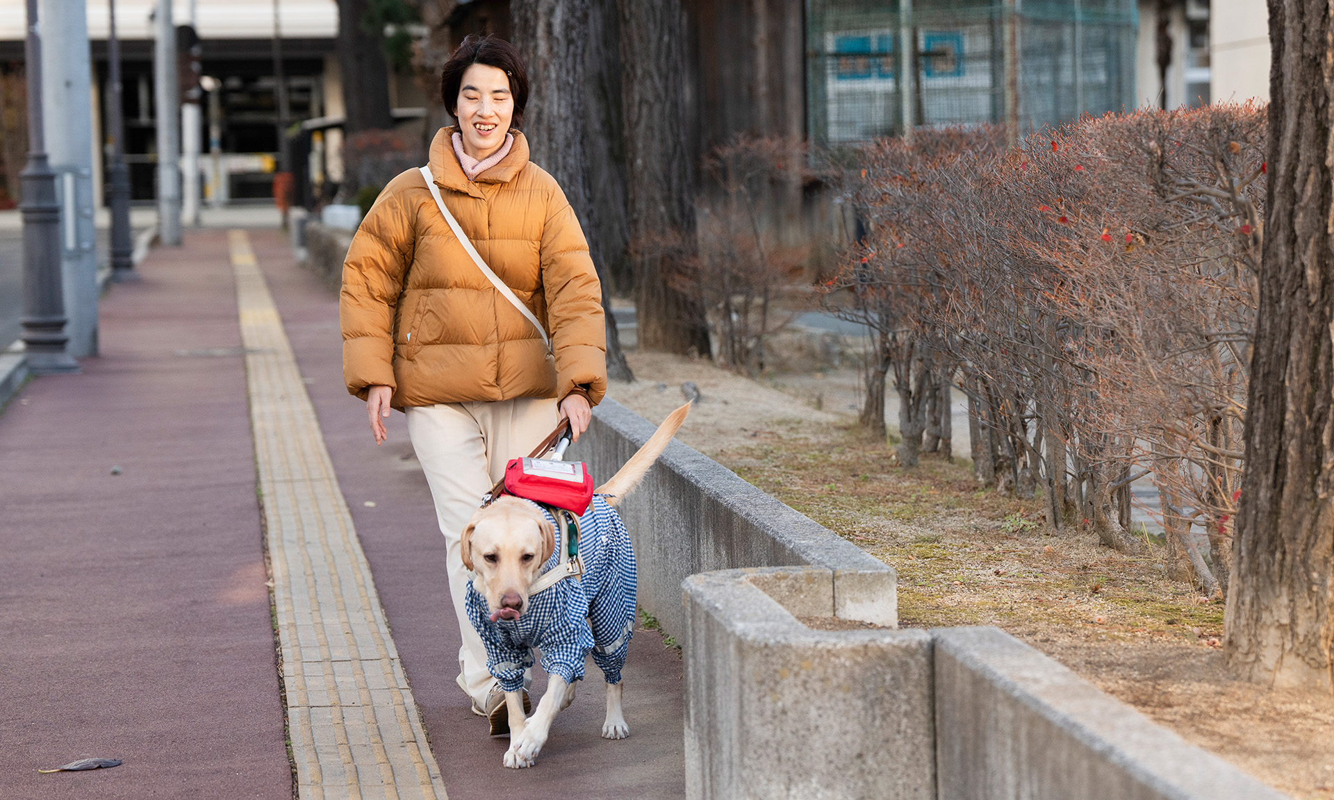 歩道を歩くデイズくんと鈴木さん。デイズくんは障害物を避けるように歩いている